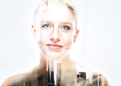 Bildbearbeitung double exposure | Portrait kombiniert mit Blick auf Skyline von New York | von Andy Mock